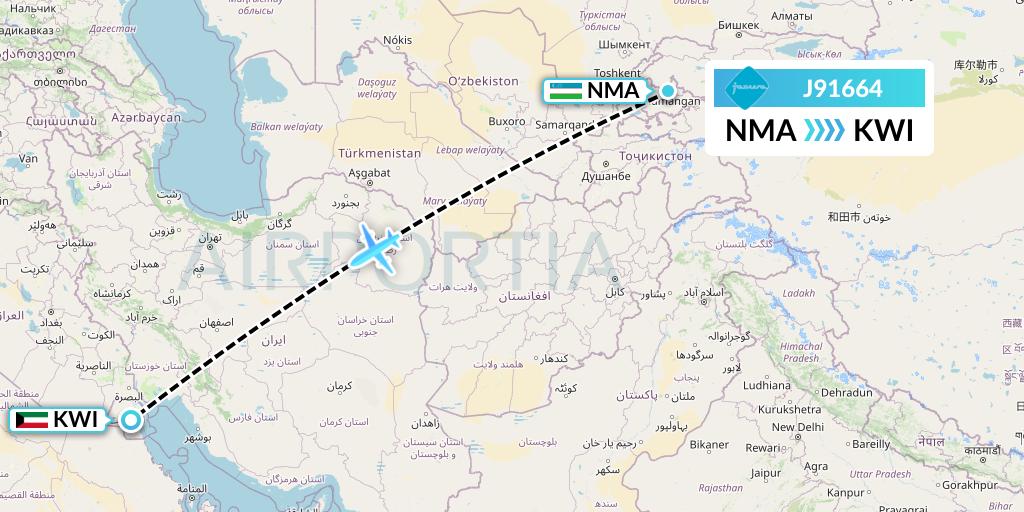J91664 Jazeera Airways Flight Map: Namangan to Kuwait City