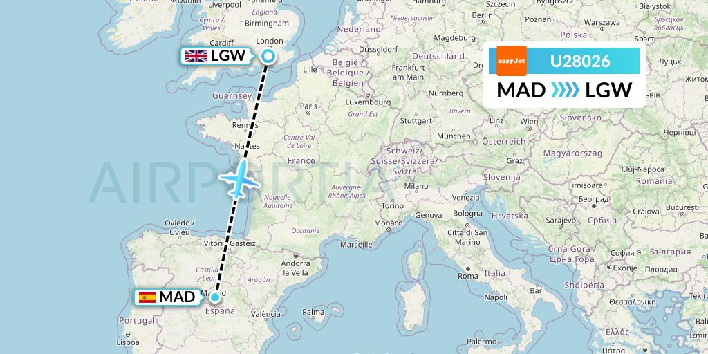 U28026 EasyJet Flight Map: Madrid to London