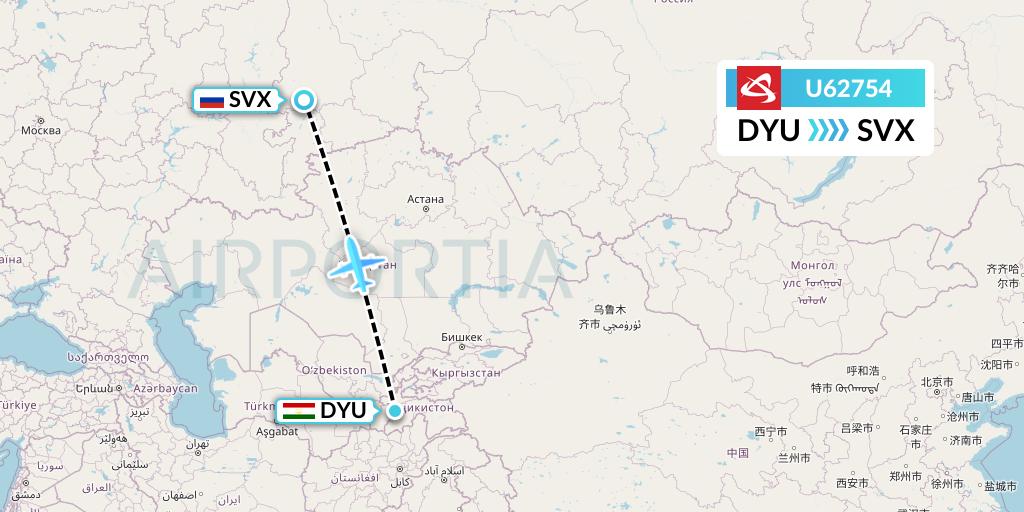 U62754 Ural Airlines Flight Map: Dushanbe to Yekaterinburg