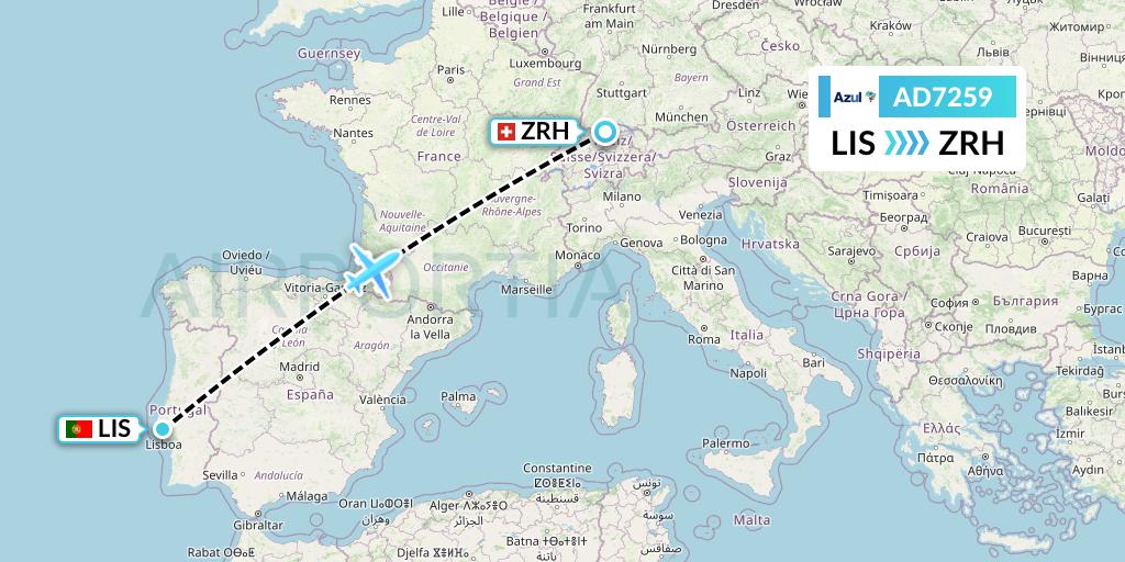 AD7259 Azul Brazilian Airlines Flight Map: Lisbon to Zurich
