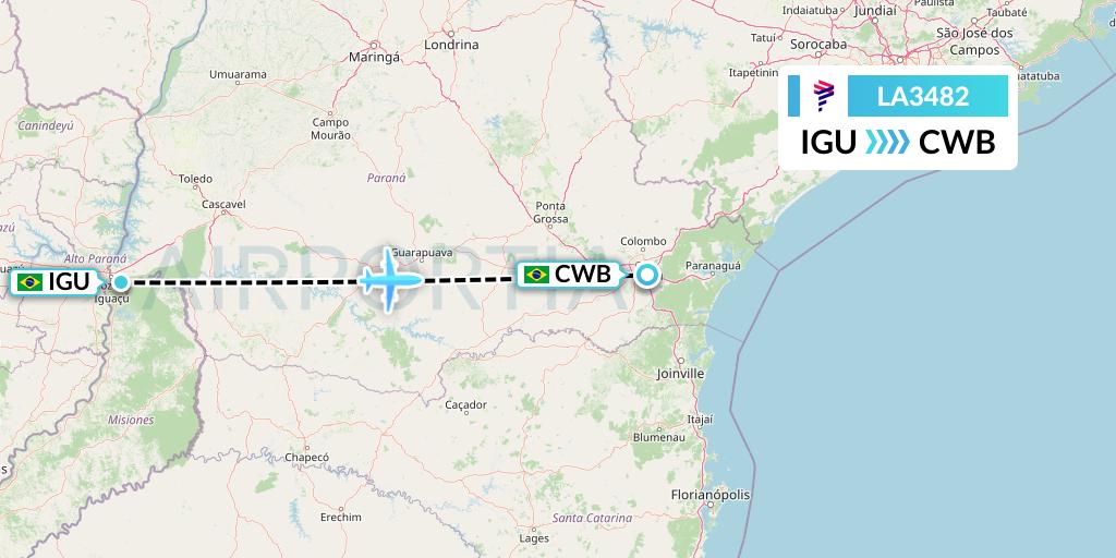 LA3482 LAN Airlines Flight Map: Foz do Iguacu to Curitiba