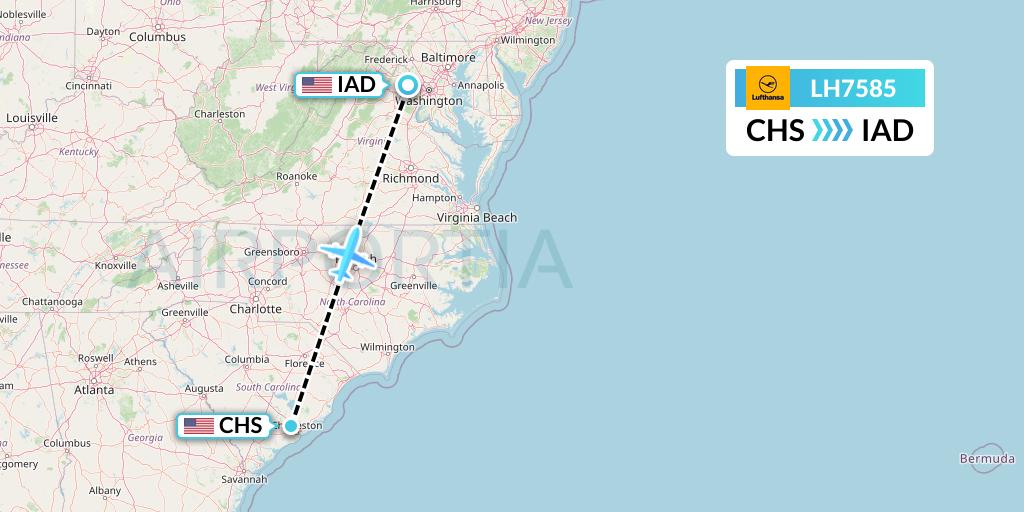 LH7585 Lufthansa Flight Map: Charleston to Washington
