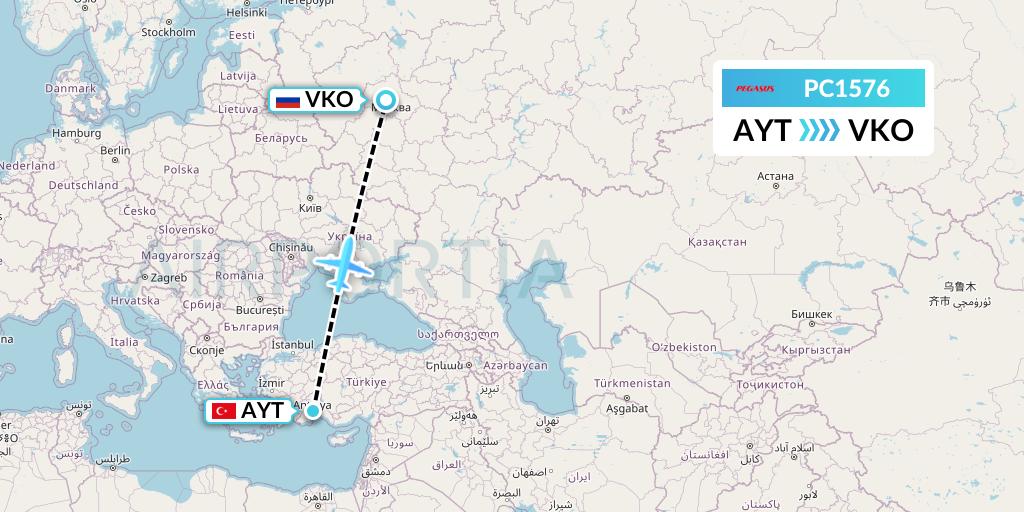 PC1576 Pegasus Airlines Flight Map: Antalya to Moscow