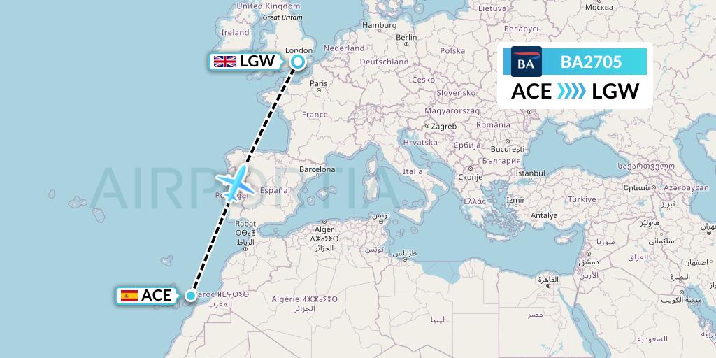 BA2705 British Airways Flight Map: Lanzarote to London