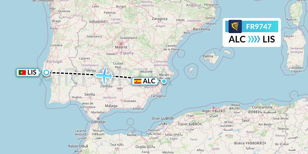 FR9747 Ryanair Flight Map: Alicante to Lisbon