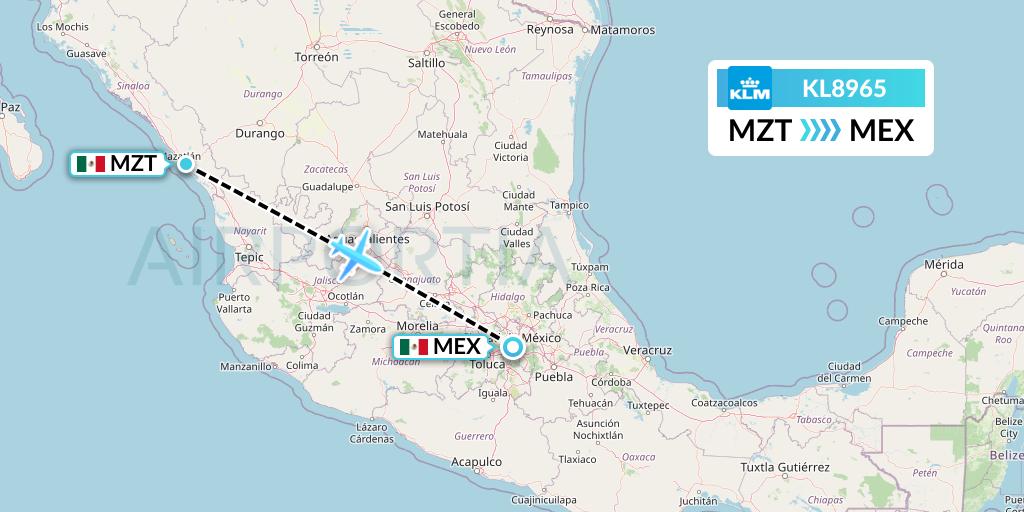 KL8965 KLM Flight Map: Mazatlan to Mexico City