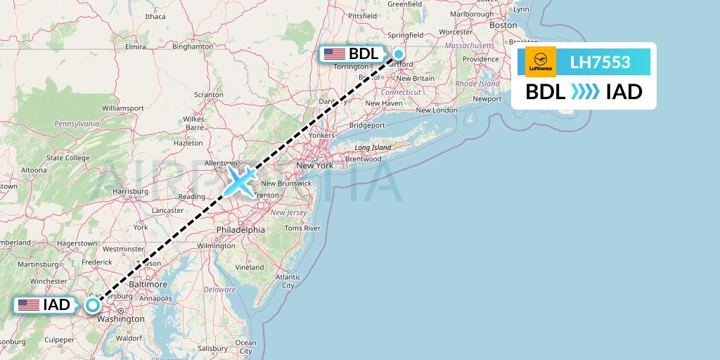 LH7553 Lufthansa Flight Map: Windsor Locks to Washington