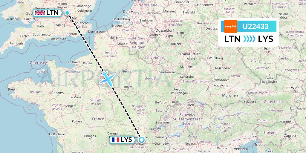 U22433 EasyJet Flight Map: London to Lyon