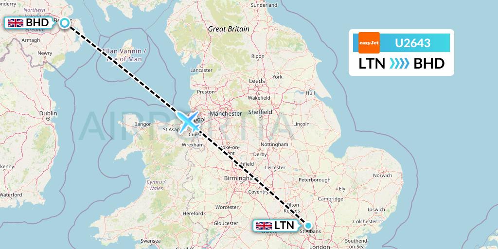 U2643 EasyJet Flight Map: London to Belfast