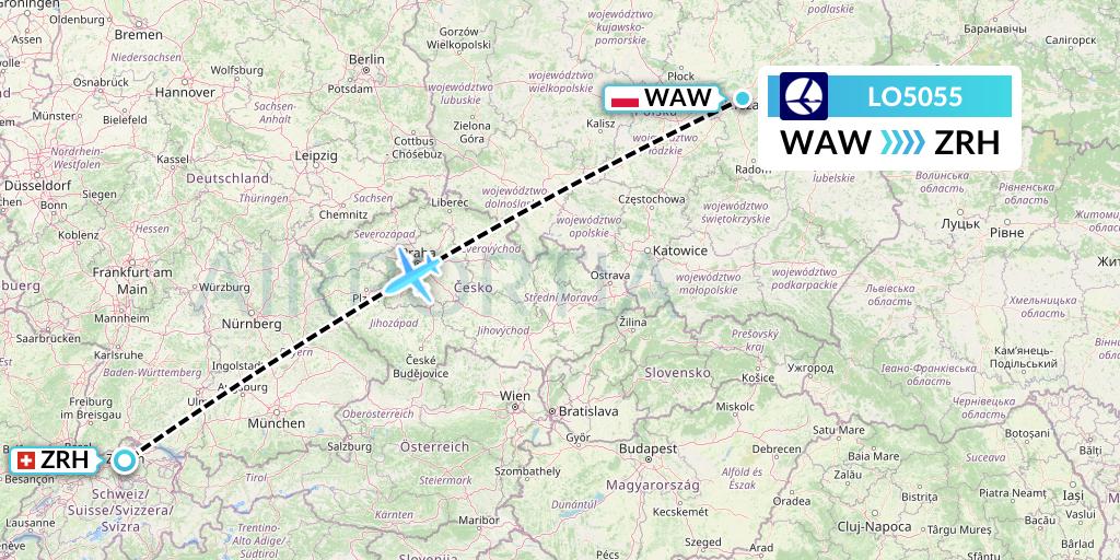 LO5055 LOT Flight Map: Warsaw to Zurich