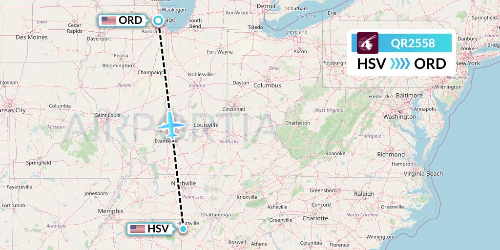 QR2558 Qatar Airways Flight Map: Huntsville to Chicago