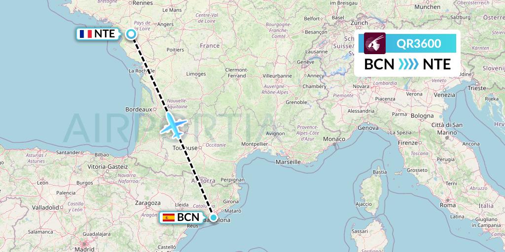 QR3600 Qatar Airways Flight Map: Barcelona to Nantes