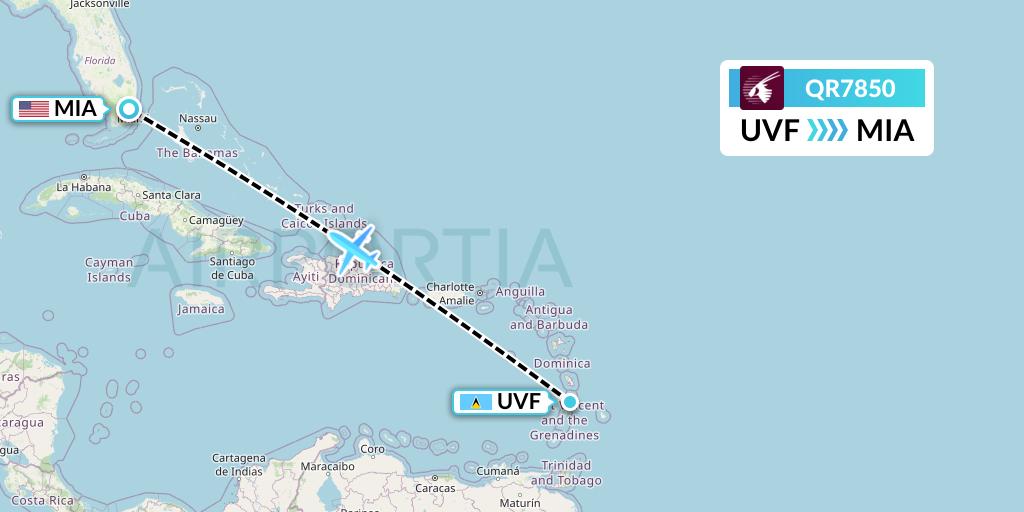 QR7850 Qatar Airways Flight Map: Vieux Fort to Miami