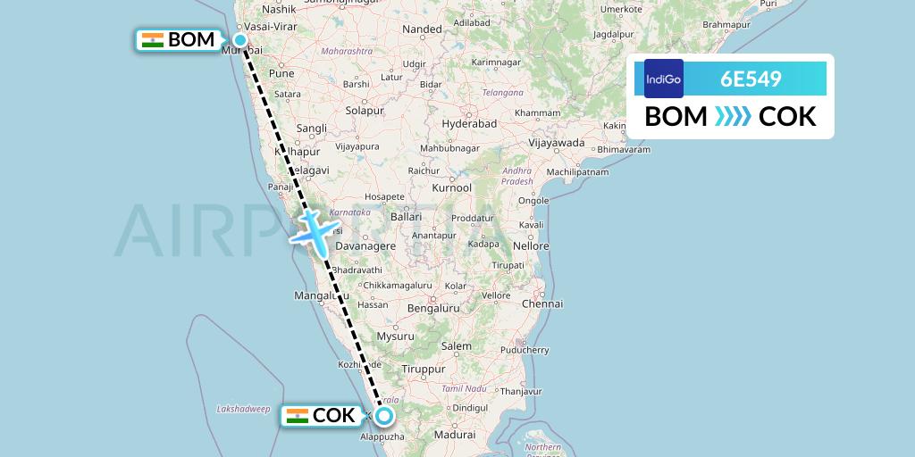 6E549 IndiGo Airlines Flight Map: Mumbai to Cochin