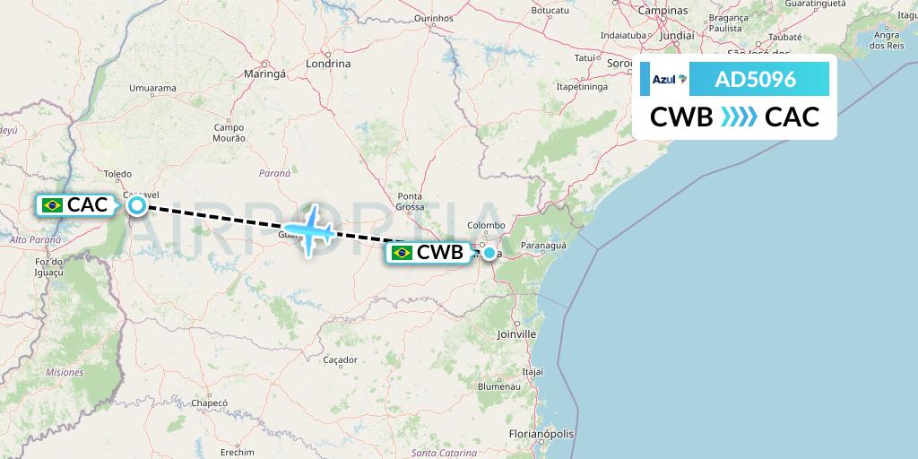 AD5096 Azul Brazilian Airlines Flight Map: Curitiba to Cascavel
