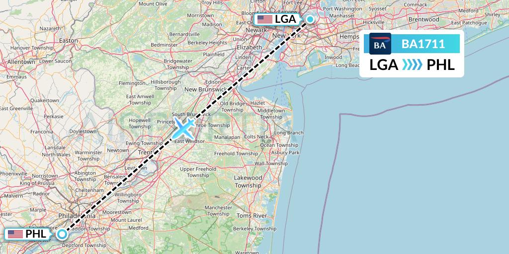 BA1711 British Airways Flight Map: New York to Philadelphia