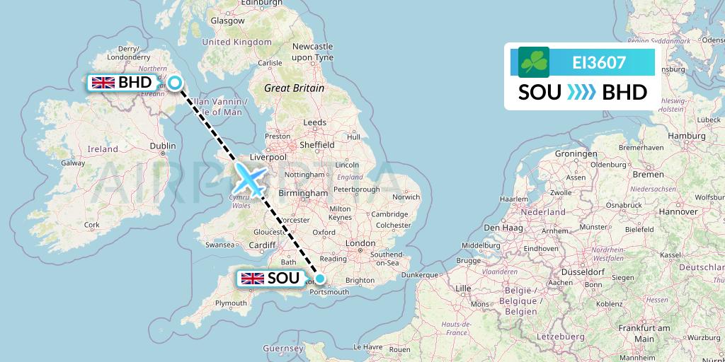 EI3607 Aer Lingus Flight Map: Southampton to Belfast