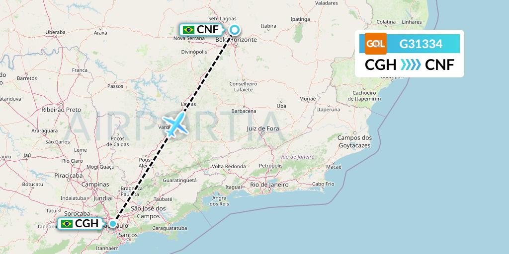 G31334 GOL Transportes Aeros Flight Map: Sao Paulo to Belo Horizonte