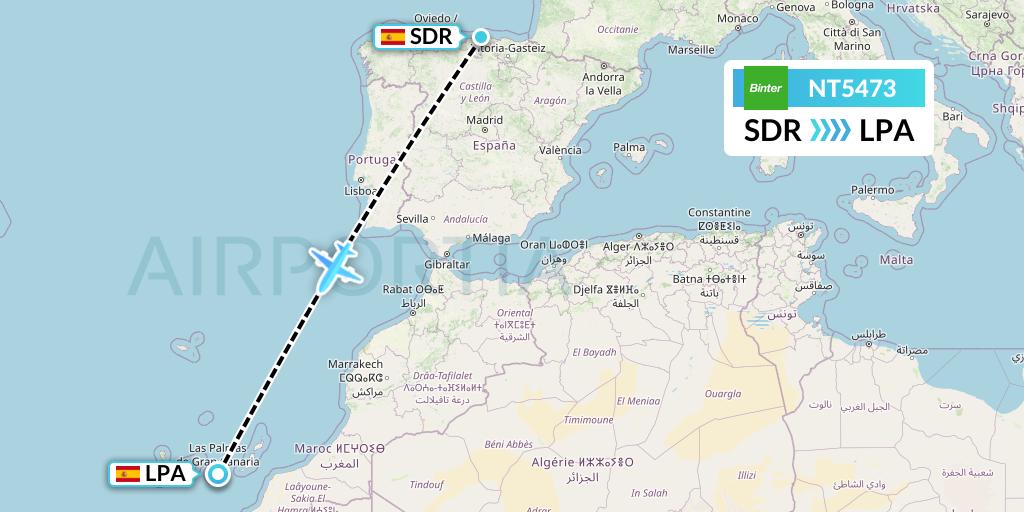 NT5473 Binter Canarias Flight Map: Santander to Las Palmas