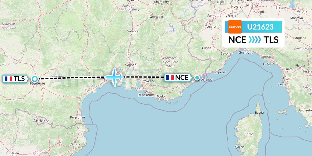 U21623 EasyJet Flight Map: Nice to Toulouse