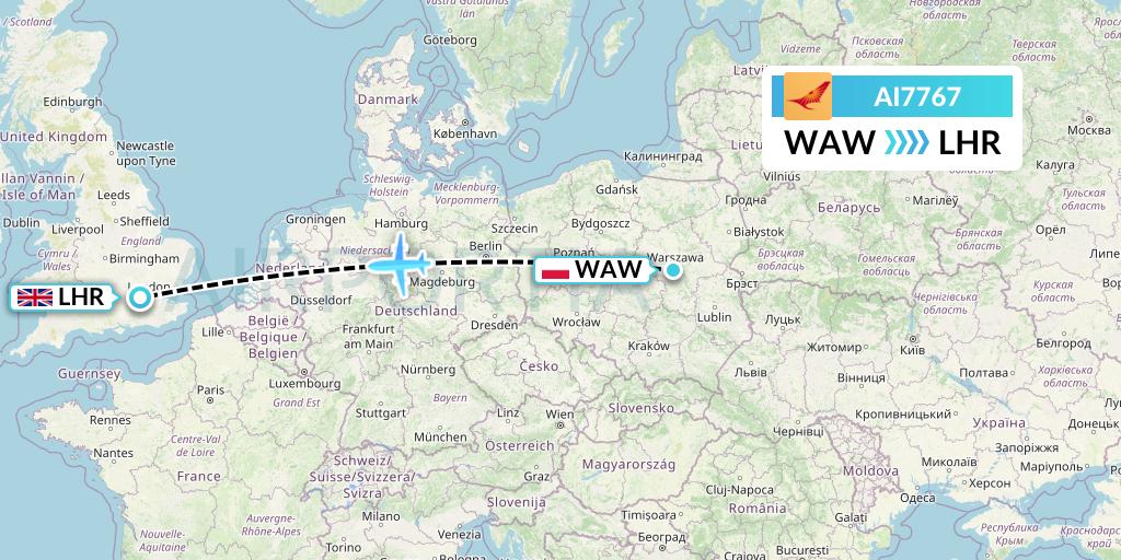 AI7767 Air India Flight Map: Warsaw to London