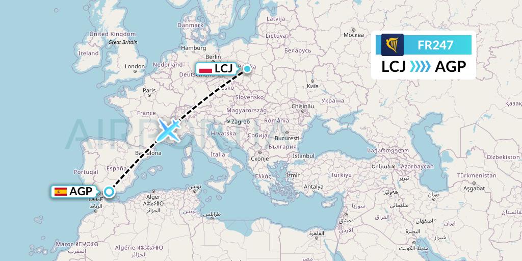 FR247 Ryanair Flight Map: Lodz to Malaga