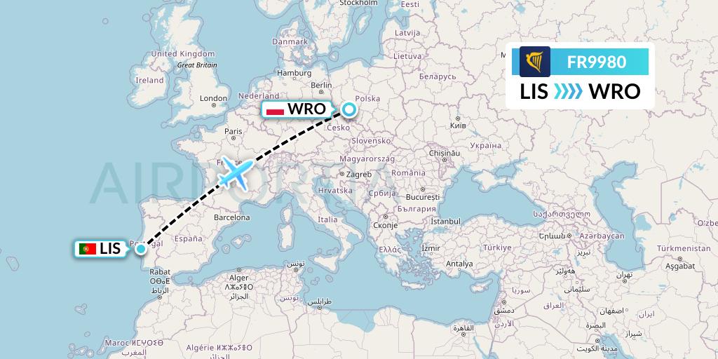 FR9980 Ryanair Flight Map: Lisbon to Wroclaw