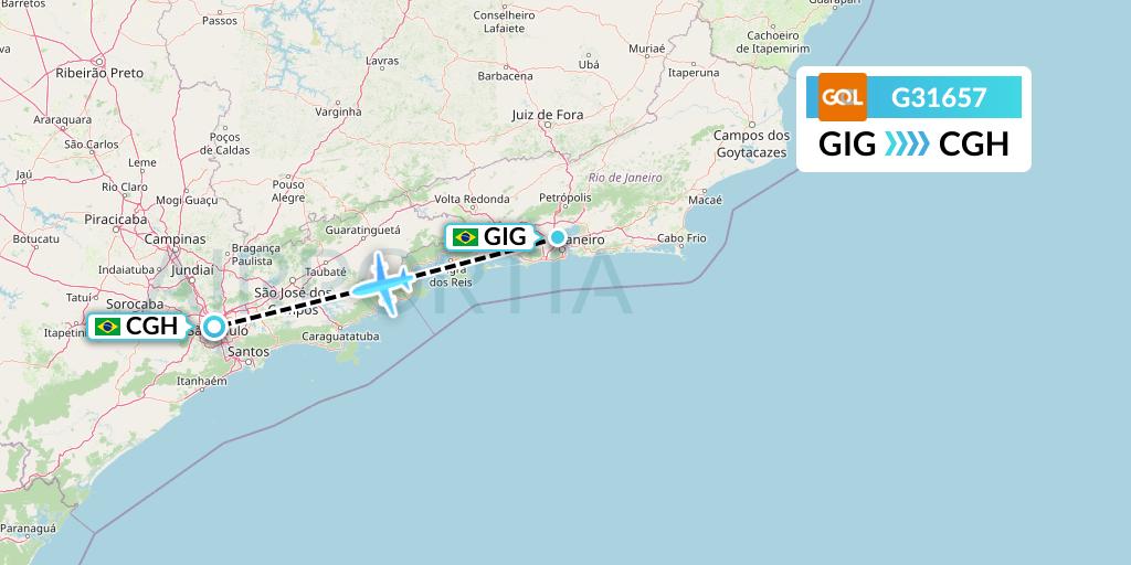 G31657 GOL Transportes Aeros Flight Map: Rio de Janeiro to Sao Paulo