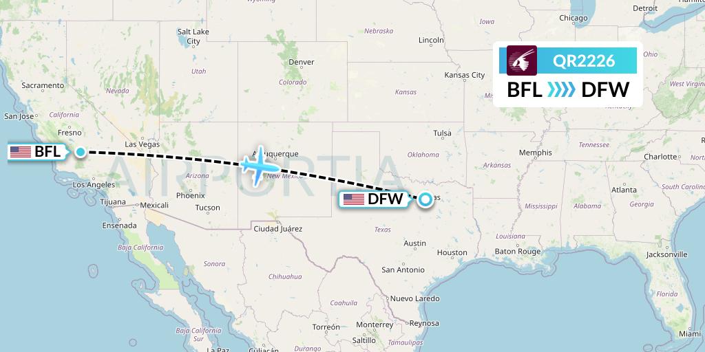 QR2226 Qatar Airways Flight Map: Bakersfield to Dallas