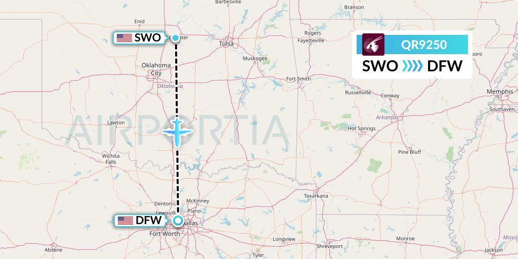 QR9250 Qatar Airways Flight Map: Stillwater to Dallas
