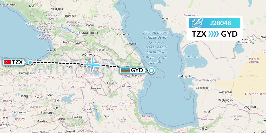 J28048 Azerbaijan Airlines Flight Map: Trabzon to Baku