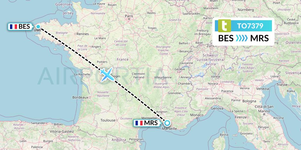 TO7379 Transavia France Flight Map: Brest to Marseille