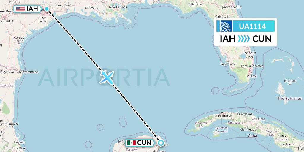 UA1114 United Airlines Flight Map: Houston to Cancun