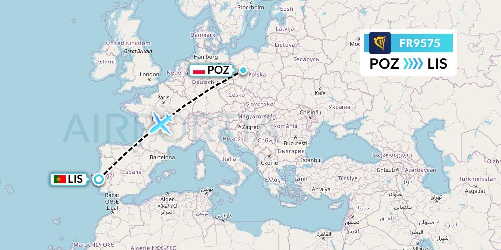 FR9575 Ryanair Flight Map: Poznan to Lisbon