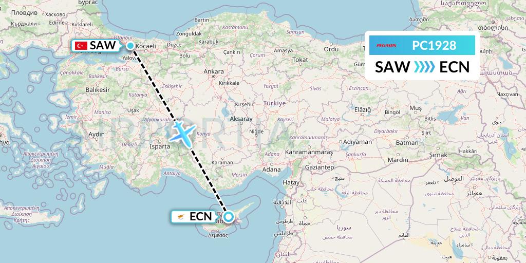 PC1928 Pegasus Airlines Flight Map: Istanbul to Tymvou