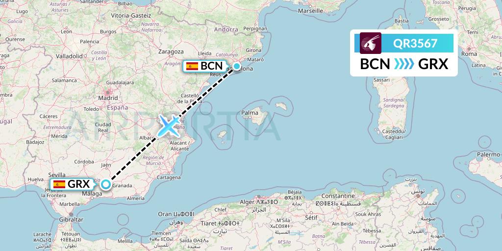 QR3567 Qatar Airways Flight Map: Barcelona to Granada