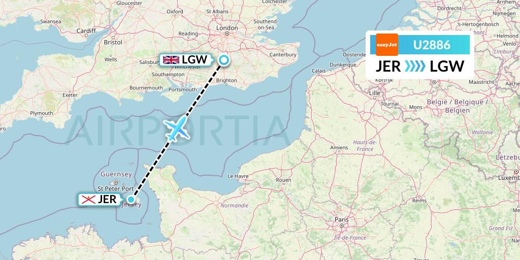 U2886 EasyJet Flight Map: Jersey to London