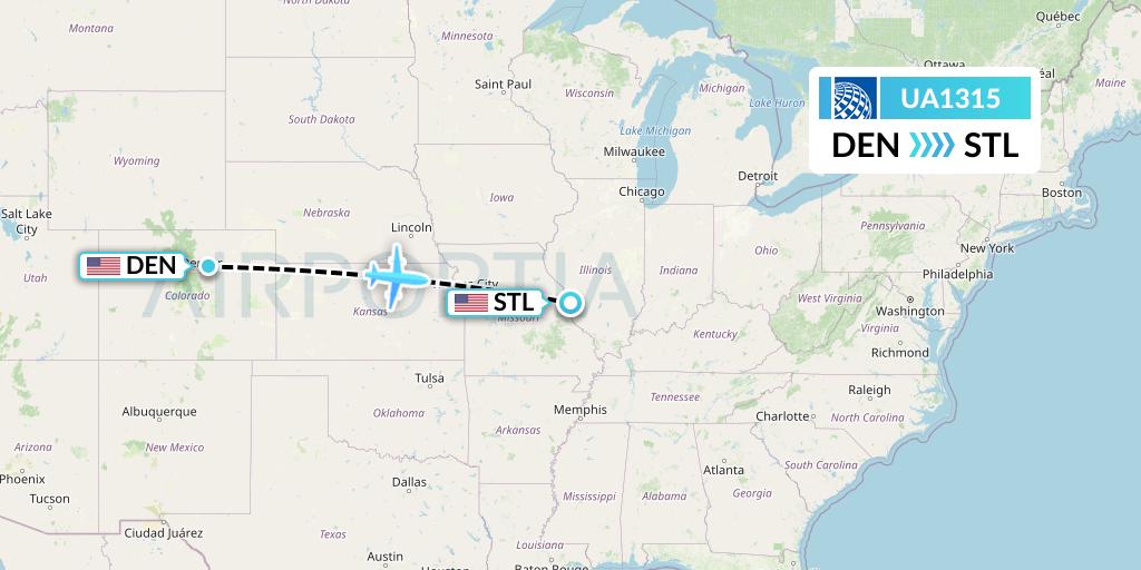 UA1315 United Airlines Flight Map: Denver to St. Louis