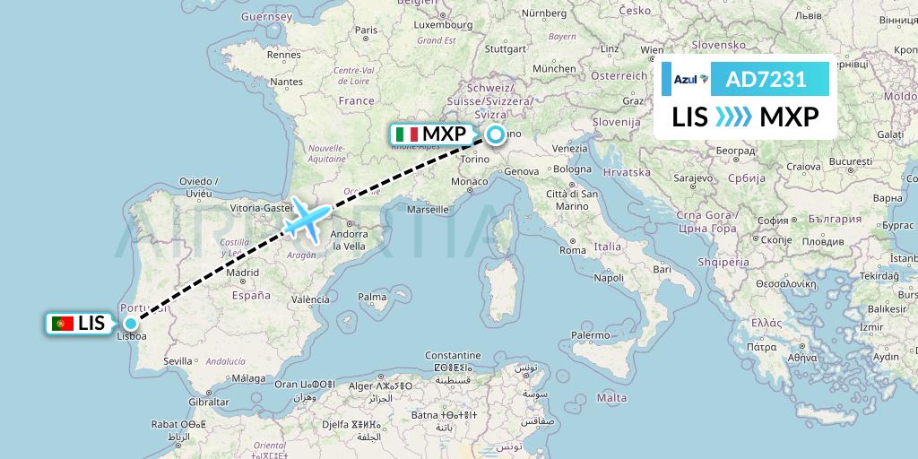 AD7231 Azul Brazilian Airlines Flight Map: Lisbon to Milan