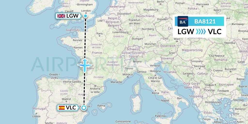 BA8121 British Airways Flight Map: London to Valencia