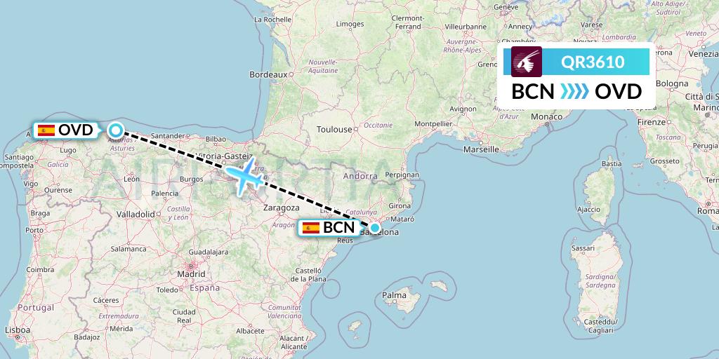 QR3610 Qatar Airways Flight Map: Barcelona to Asturias