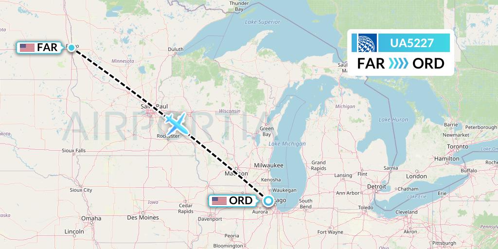 UA5227 United Airlines Flight Map: Fargo to Chicago