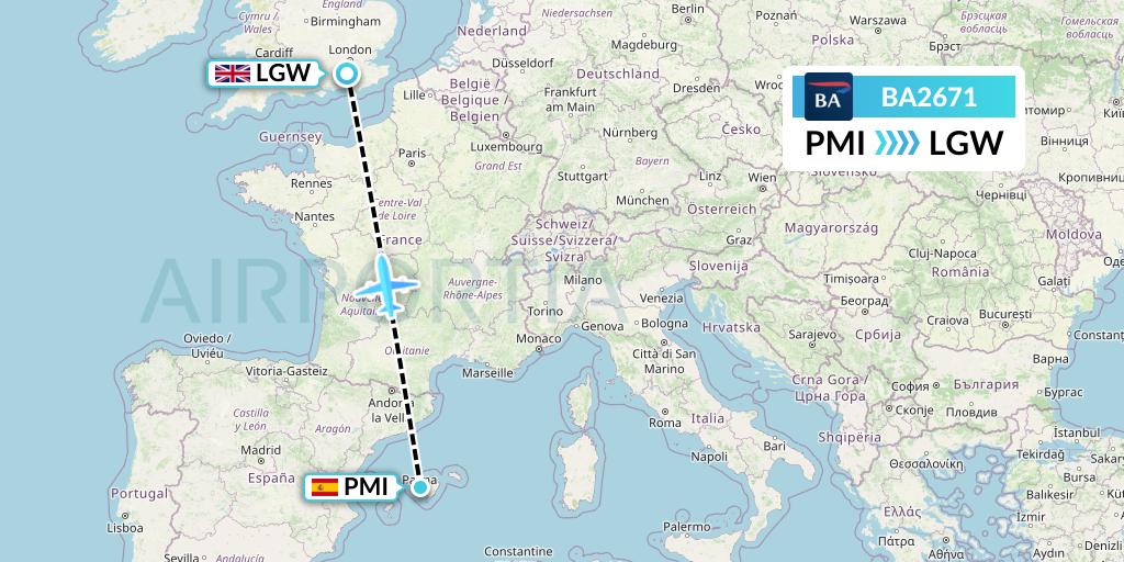 BA2671 British Airways Flight Map: Palma de Mallorca to London