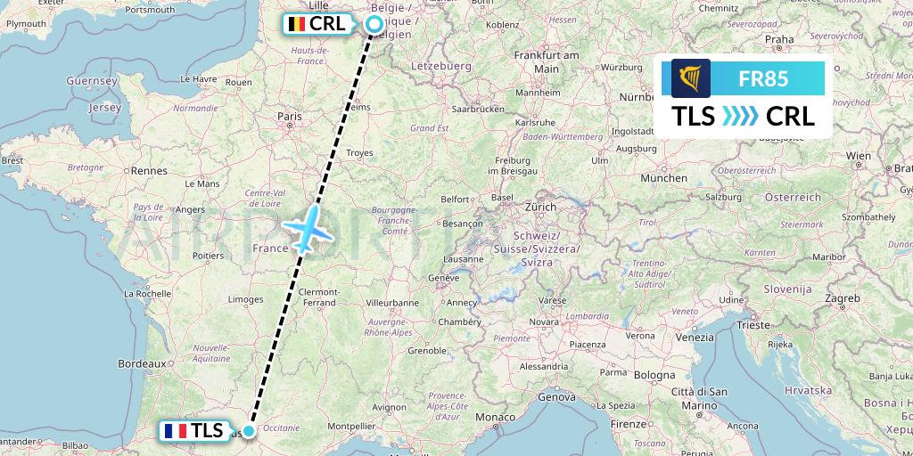FR85 Ryanair Flight Map: Toulouse to Brussels