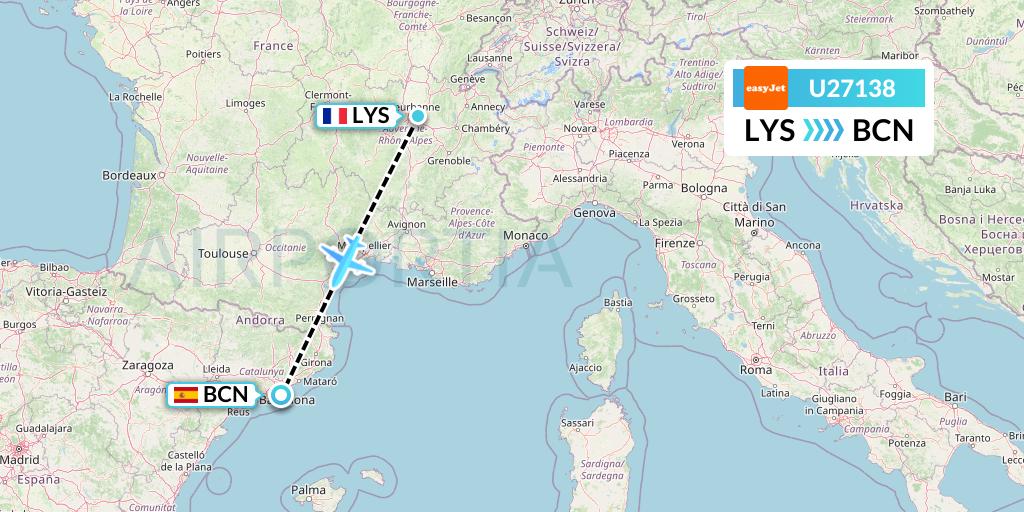 U27138 EasyJet Flight Map: Lyon to Barcelona