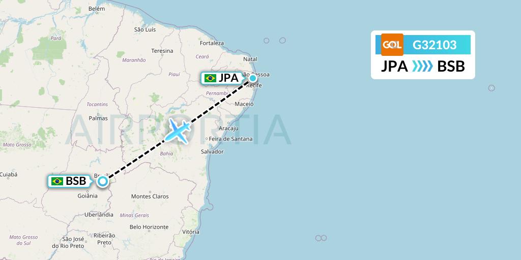 G32103 GOL Transportes Aeros Flight Map: Joao Pessoa to Brasilia