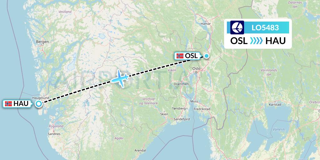 LO5483 LOT Flight Map: Oslo to Haugesund