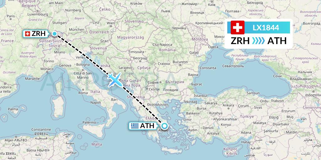 LX1844 Swiss Flight Map: Zurich to Athens
