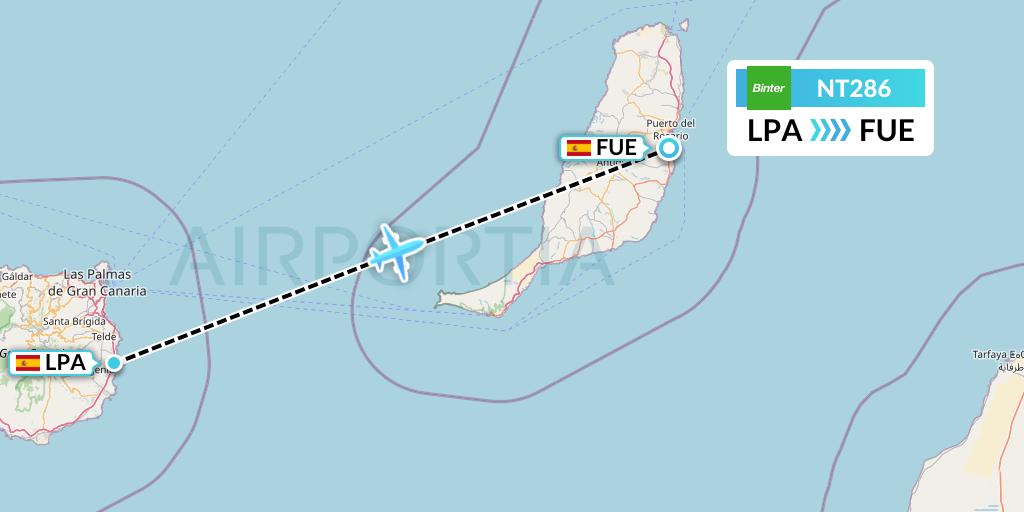 NT286 Binter Canarias Flight Map: Las Palmas to Fuerteventura