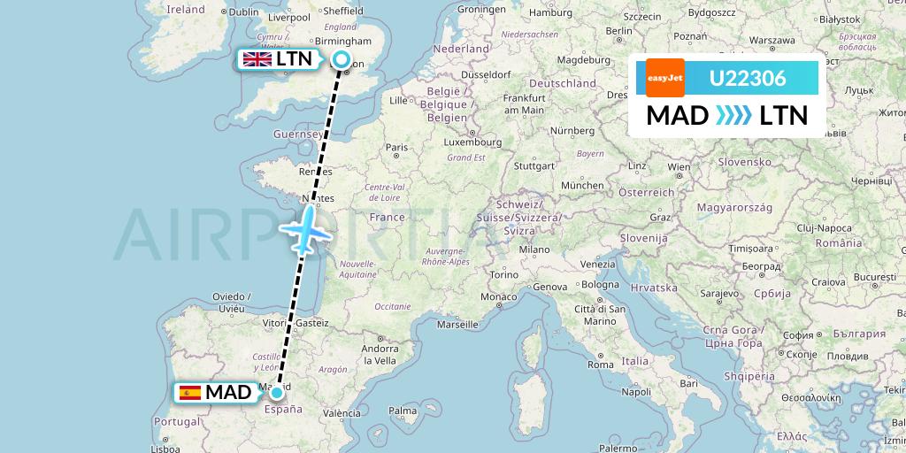 U22306 EasyJet Flight Map: Madrid to London